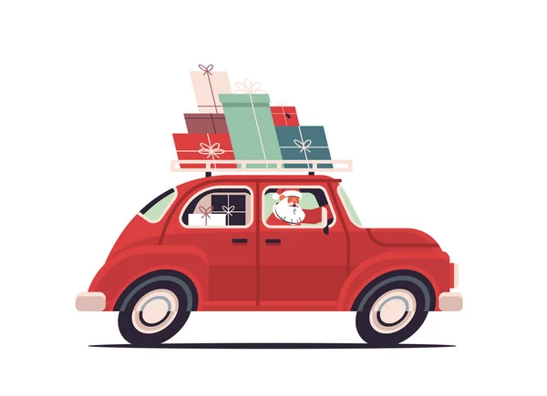 Święty Mikołaj dostarczanie prezentów na czerwony samochód Wesołych Świąt szczęśliwy noworoczne święto koncepcja — Wektor stockowy