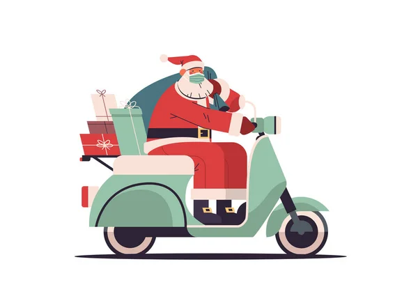 Santa claus conducción scooter entrega de regalos Feliz Navidad feliz año nuevo vacaciones concepto de celebración — Vector de stock