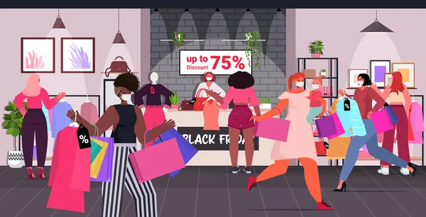 Mezclar raza niñas en máscaras corriendo con ropa y bolsas de compras negro viernes gran venta coronavirus cuarentena — Vector de stock