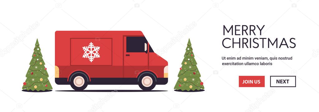 red lorry truck delivering gifts merry christmas happy new year holidays celebration express delivery concept