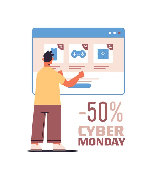 Muž vybírá nákupy ve webovém prohlížeči okno nakupování kybernetický pondělí prodej dovolená slevy e-commerce — Stockový vektor
