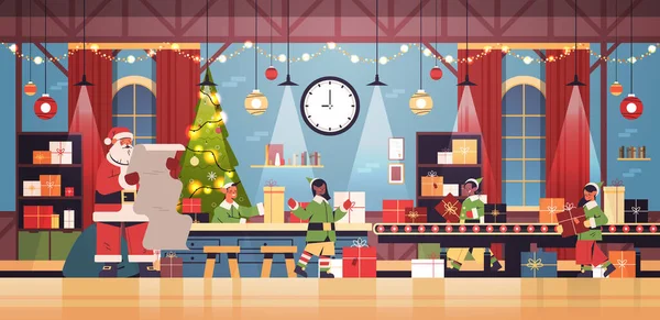 Санта-Клаус з ельфами покласти подарунки на конвеєр лінії техніки щасливі новорічні різдвяні свята святкування — стоковий вектор