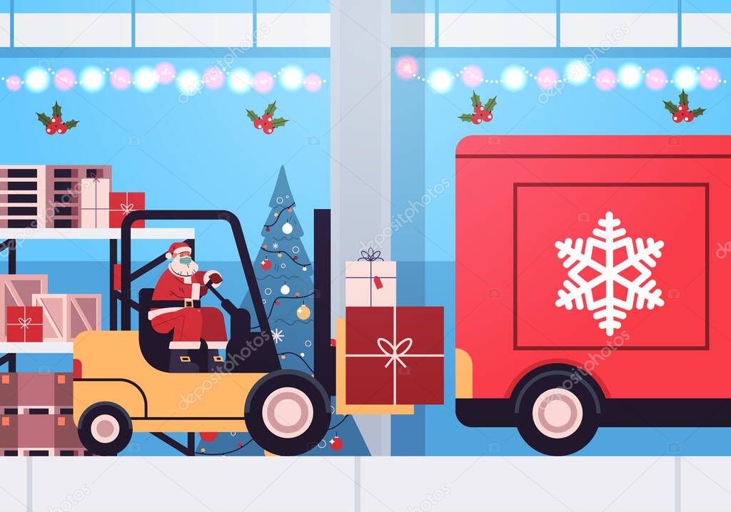 santa in mask forklift truck loading colorful gifts in lorry truck merry christmas happy new year delivery service
