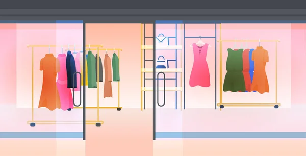 Loja de moda moderna interior vazio sem pessoas loja de roupas femininas horizontal —  Vetores de Stock