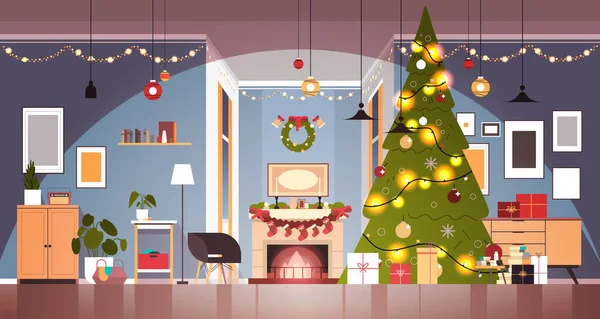Salon avec sapin décoré et guirlandes pour le nouveau concept de fête de Noël de l'année — Image vectorielle