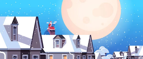 Санта-Клаус в маске сидит на крыше с помощью ноутбука С Новым годом С рождеством праздников концепции празднования — стоковый вектор