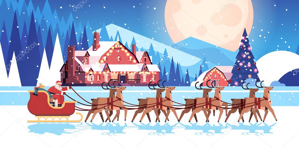 santa riding sledge with reindeers happy new year and merry christmas greeting card holidays celebration concept