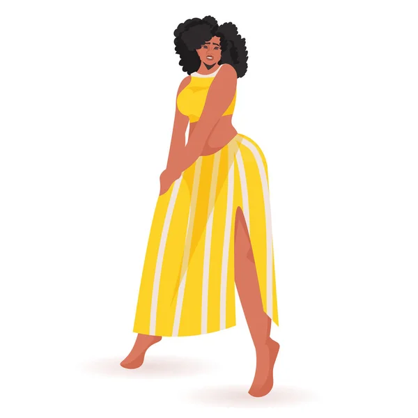 Красивая девушка сексуальный африканский американец женщина в платье женский персонаж мультфильма стоять поза — стоковый вектор