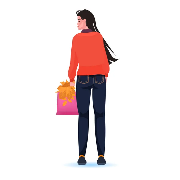 Γυναίκα κρατώντας τσάντα ψώνια και το φθινόπωρο φύλλα μαύρο Παρασκευή μεγάλη πώληση έννοια προώθηση — Διανυσματικό Αρχείο