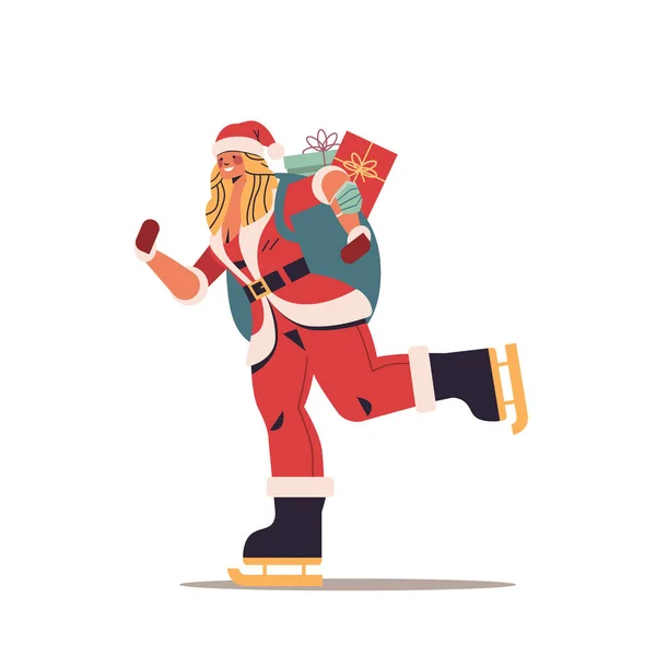 Mulher patinando no traje de santa claus com saco cheio de presentes feliz ano novo feliz festa de Natal — Vetor de Stock