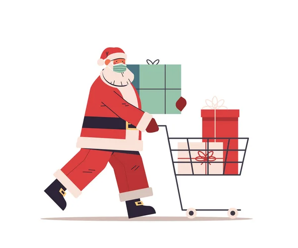 Babbo Natale in maschera protettiva spingendo carrello pieno di scatole regalo felice anno nuovo festa di Natale — Vettoriale Stock
