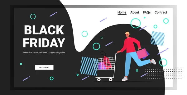 Hombre empujando carro carro con bolsas de compras negro viernes gran venta promoción descuento concepto — Vector de stock