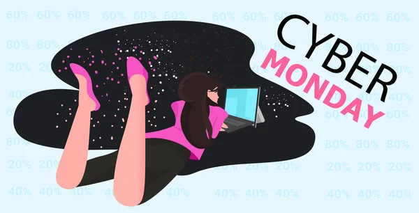 Женщина с помощью ноутбука девушка покупает онлайн кибер понедельник большая концепция продажи горизонтальная полная длина — стоковый вектор