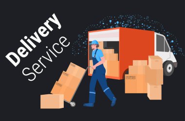 Karton kutuları kamyonete yükleyen kurye adam. Kara Cuma indirimi ekspres teslimat hizmeti konsepti.