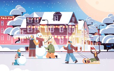 Yarış maskeli insanları, kış eğlencesi yapan erkekleri, dışarıda yürüyen kadın koronavirüs karantinası kavramını karıştır.