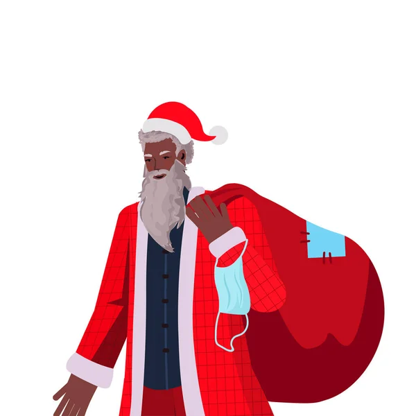 Weihnachtsmann hält Sack voller Geschenke Neujahr Weihnachtsfeiertage Feier Coronavirus Quarantäne — Stockvektor