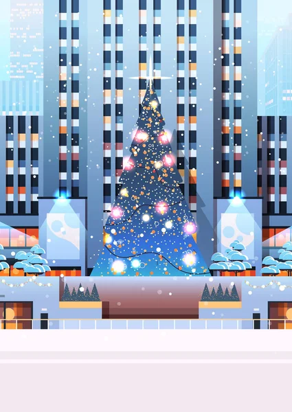 Zentraler Stadtplatz mit geschmücktem Weihnachtsbaum frohes neues Jahr Winterferien Feier-Konzept — Stockvektor