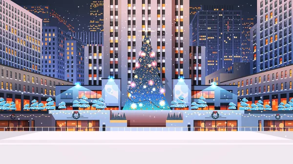 Centrale stadsplein met versierde kerstboom gelukkig nieuwjaar wintervakantie viering concept — Stockvector