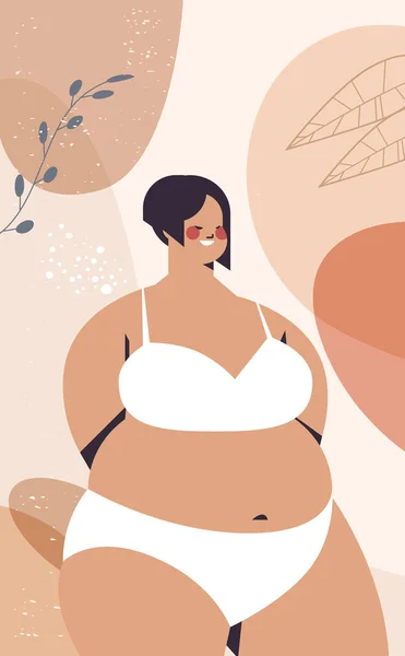 Νέα συν μέγεθος κορίτσι στο μπικίνι υπέρβαρη γυναίκα στέκεται ποζάρουν αγάπη σώμα έννοια πορτρέτο σας — Διανυσματικό Αρχείο