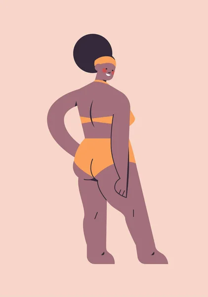 Afryki amerykański plus size dziewczyna w bikini nadwaga kobieta stojąc pozować miłość twój ciało pojęcie — Wektor stockowy