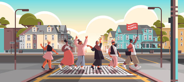 mix race girls activists stand together female empowerment movement womens community union of feminists concept