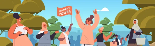 Mix race girls activistas se unen movimiento de empoderamiento femenino mujer unión comunitaria de feministas concepto — Vector de stock