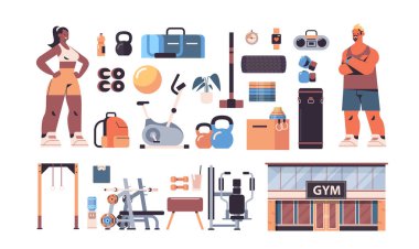 Spor kıyafetleriyle yarış çiftlerini farklı ekipmanlarla karıştırın spor aletleri sağlıklı yaşam tarzı eğitimi verin.