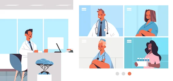 Médico masculino que tiene videoconferencia con profesionales médicos de raza mixta en el navegador web ventanas medicina salud — Archivo Imágenes Vectoriales