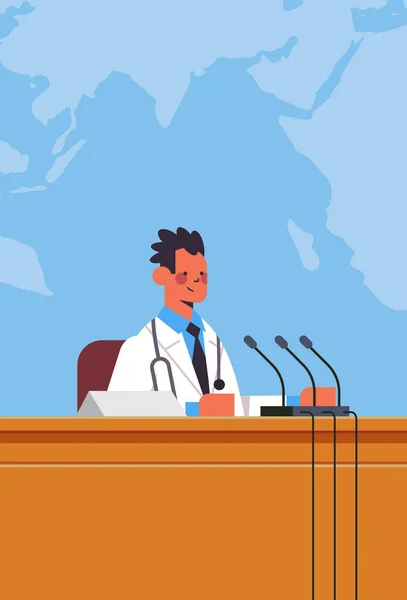 Αρσενικό γιατρό δίνοντας ομιλία στο tribune με μικρόφωνο για την ιατρική συνέδριο ιατρική έννοια υγειονομικής περίθαλψης — Διανυσματικό Αρχείο