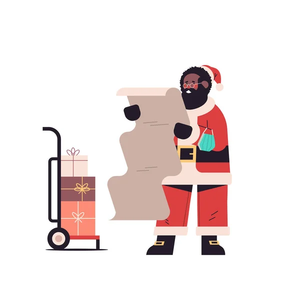 Weihnachtsmann mit Maske hält Papier Wunschliste frohes neues Jahr frohe Weihnachten Feiertage Feier Konzept — Stockvektor