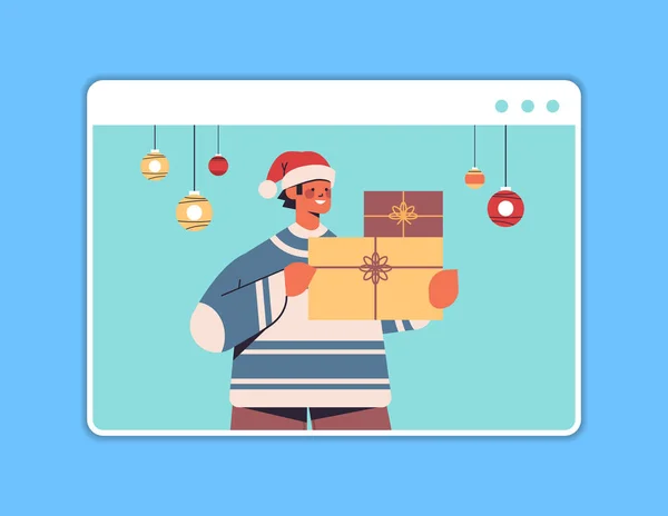 Homem em santa chapéu segurando caixa de presente cara se divertindo feliz ano novo e feliz Natal feriados celebração conceito —  Vetores de Stock