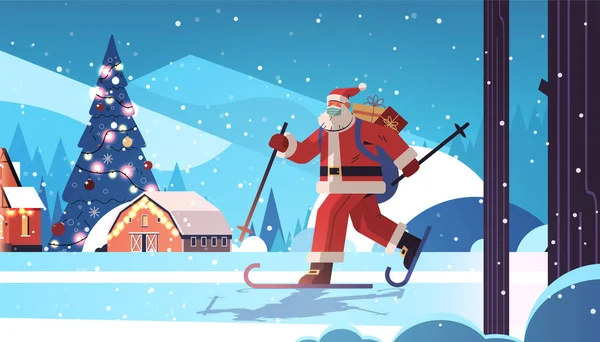 Santa claus en masque ski avec coffrets cadeaux heureux nouvelle année joyeux Noël fête concept de célébration — Image vectorielle