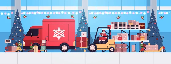 Santa v masce vysokozdvižný vozík nakládací barevné dárky v kamionu veselé Vánoce šťastný nový rok expresní dodání — Stockový vektor
