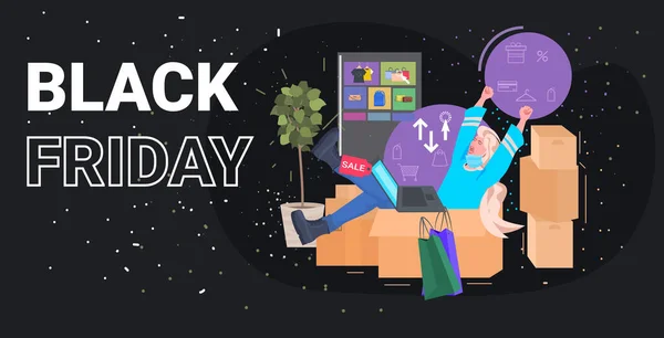 Žena pomocí notebooku nákup on-line v počítačové aplikaci černá pátek velký prodej koncept plné délky — Stockový vektor