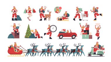 Noel Baba kostümlü set kızı mutlu noeller ve mutlu noeller kutlaması konseptine hazırlanıyor.