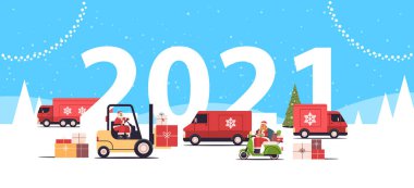 farklı araçlar hediyeler dağıtıyor mutlu noeller 2021 yeni yıl kutlamaları servis hizmeti konsepti