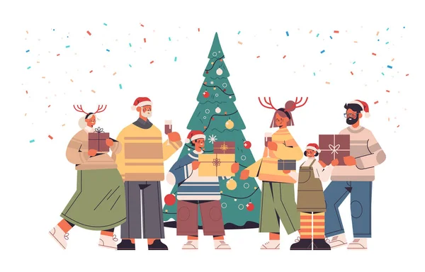 Familia de varias generaciones en sombreros de Santa Claus celebración de cajas de regalo envueltas feliz año nuevo y felices fiestas de Navidad — Vector de stock