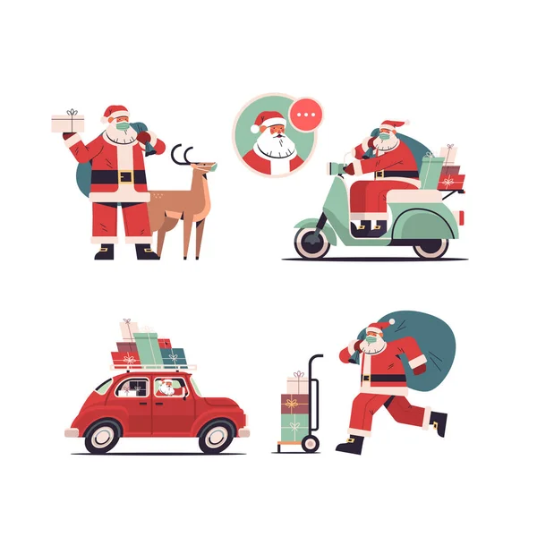Установить Санта-Клаус доставки подарков с Рождеством Христовым с новогодними праздниками праздник концепции — стоковый вектор