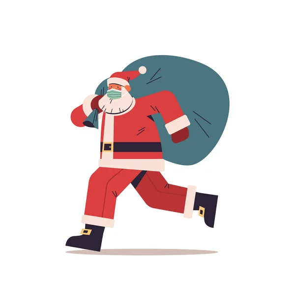 Άγιος Βασίλης σε προστατευτική μάσκα τρέχει με σάκο γεμάτο δώρα Ευτυχισμένο το νέο έτος Καλά Χριστούγεννα γιορτή έννοια — Διανυσματικό Αρχείο