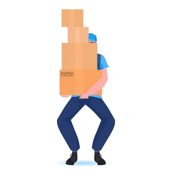 Hombre mensajero celebración de cajas de cartón negro viernes venta express delivery service concept — Vector de stock