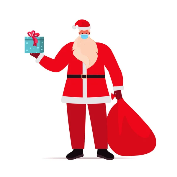 Noel Baba 'nın elinde bir çuval dolusu hediyeyle yılbaşı tatili kutlaması Coronavirus karantinası. — Stok Vektör