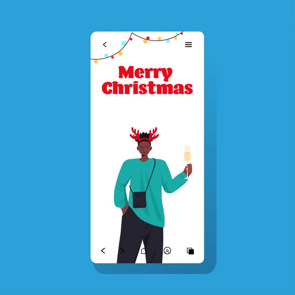 Man in horns celebrating new year christmas holidays guy on smartphone screen having fun — Stock Vector