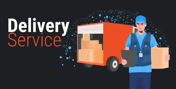 Άνθρωπος courier κοντά φορτηγό φορτηγό με κουτιά από χαρτόνι μαύρη Παρασκευή πώληση Express παράδοση έννοια της υπηρεσίας οριζόντια — Διανυσματικό Αρχείο