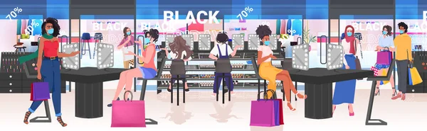 Mieszaj wyścig kobiet w maskach wybierając kosmetyki w salonie piękności czarny piątek duża koncepcja sprzedaży poziomej — Wektor stockowy