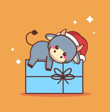 Küçük öküz hediye kutusunda yatıyor mutlu Çin Yeni Yılı 2021 tebrik kartı şirin inek maskotu karakter