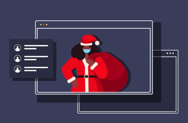 Maskeli kadın yeni yıl kutlaması için çuval taşıyor. Coronavirus karantinası.