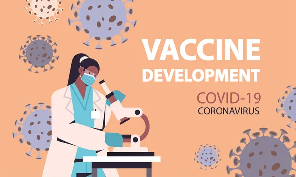 Scientifique développant un nouveau vaccin contre le coronavirus en laboratoire chercheuse afro-américaine travaillant au microscope — Image vectorielle