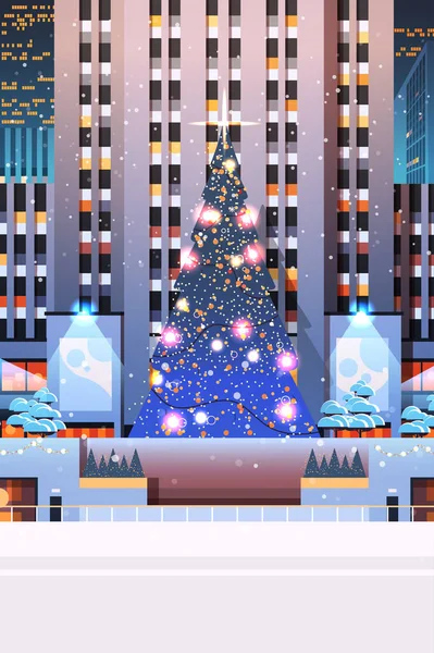 Central city square with decorated christmas tree happy new year winter holidays celebration concept — Stock Vector