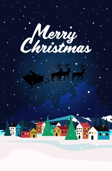 Weihnachtsmann fliegt im Schlitten mit Rentieren in den Nachthimmel über Dorfhäusern frohes neues Jahr frohe Weihnachten Banner — Stockvektor