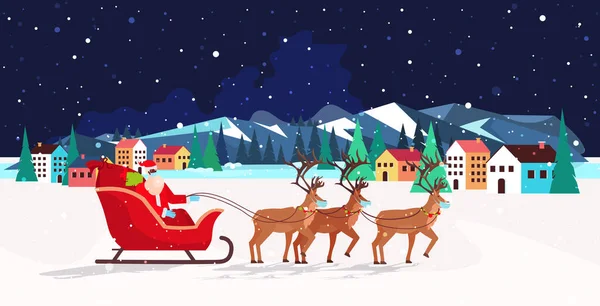 Santa équitation en traîneau avec des rennes bonne année joyeux Noël bannière vacances d'hiver concept — Image vectorielle